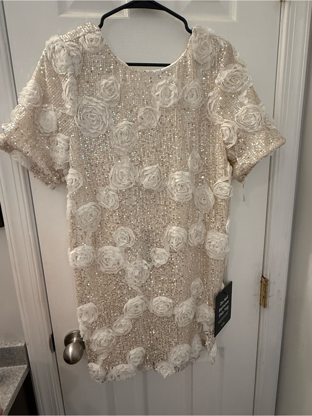 Lulu's Kayleena Ivory Rosette Tie-Back Cream Sequin Floral Appliqué Dress